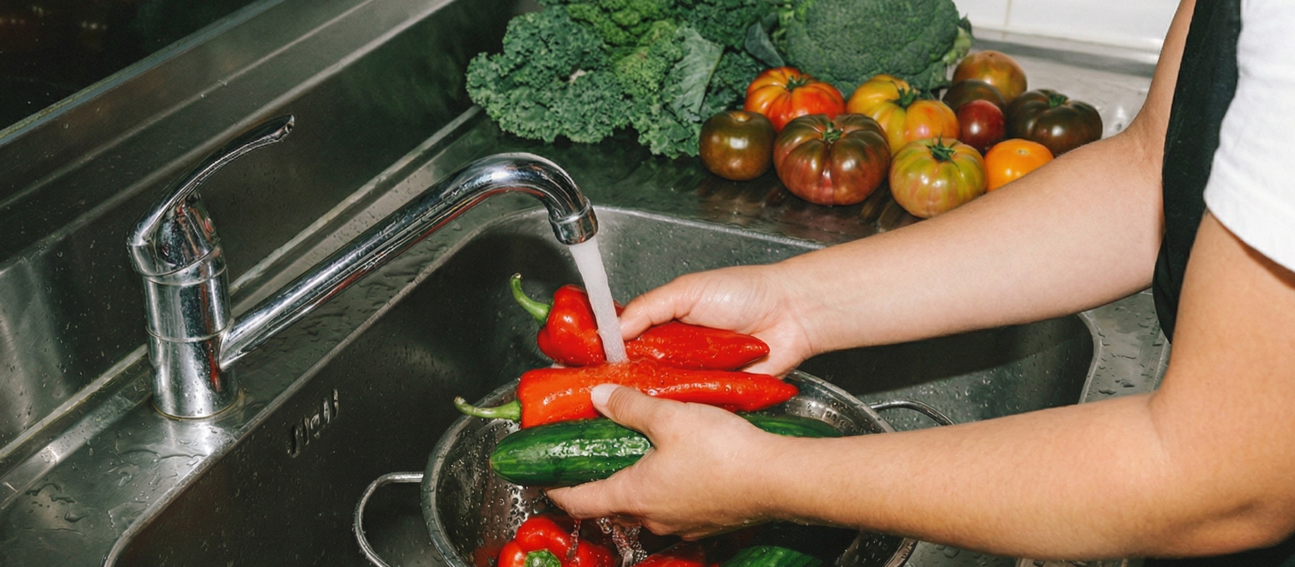 Hands rinsing fresh peppers and cucumbers in a CHEW kitchen sink.